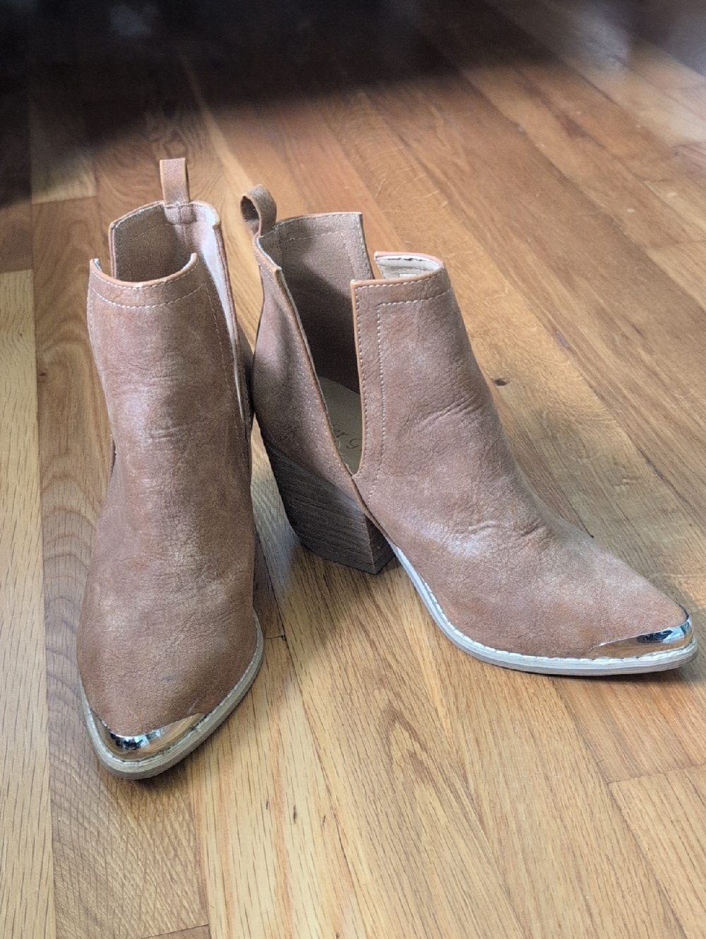 Suede Cutout Ankle Booties with Metallic Toe - Tan